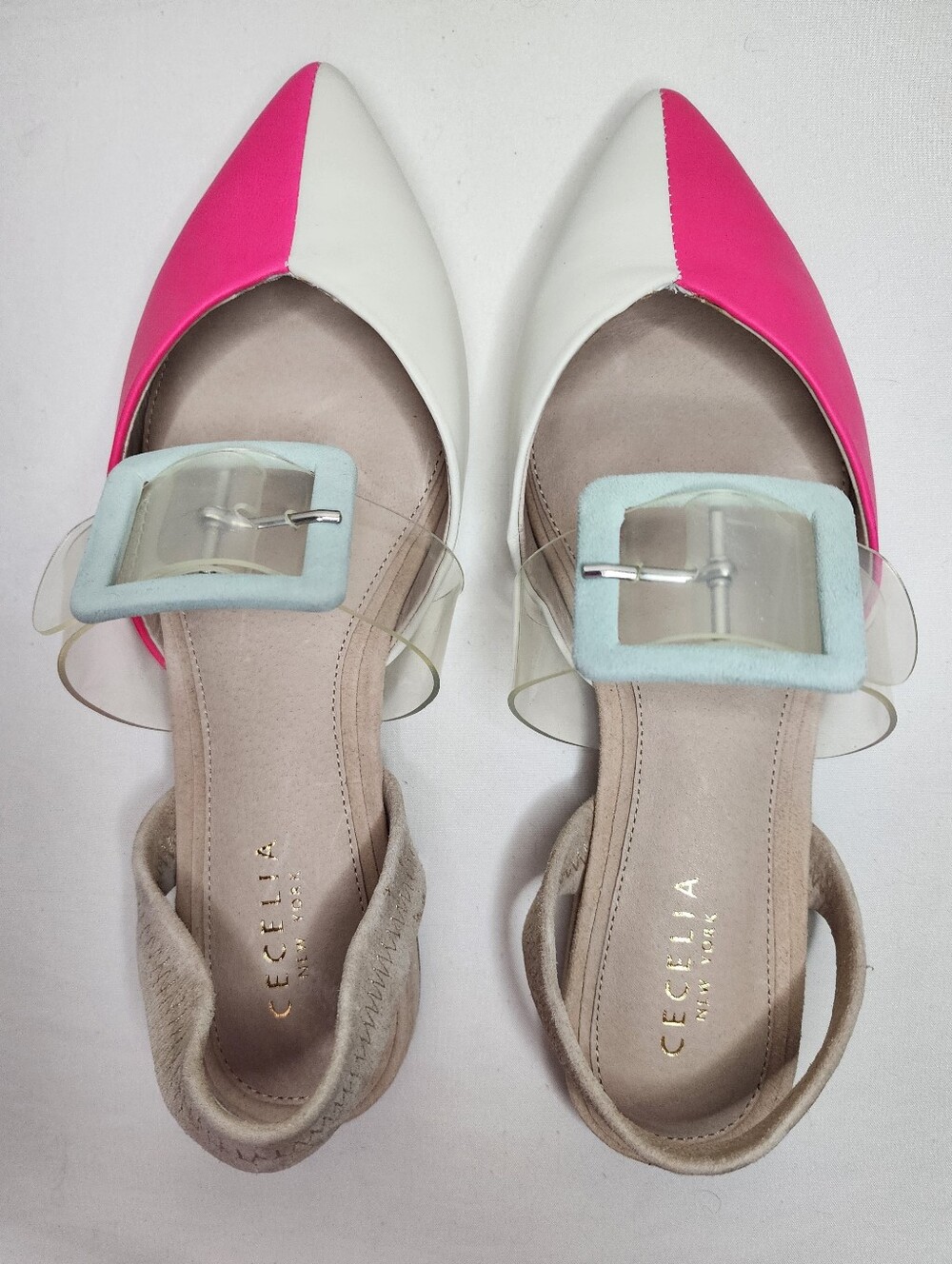 Cecelia New York Women's Pointed Toe Slingback Flats Pink/White Size 6.5US NWOT